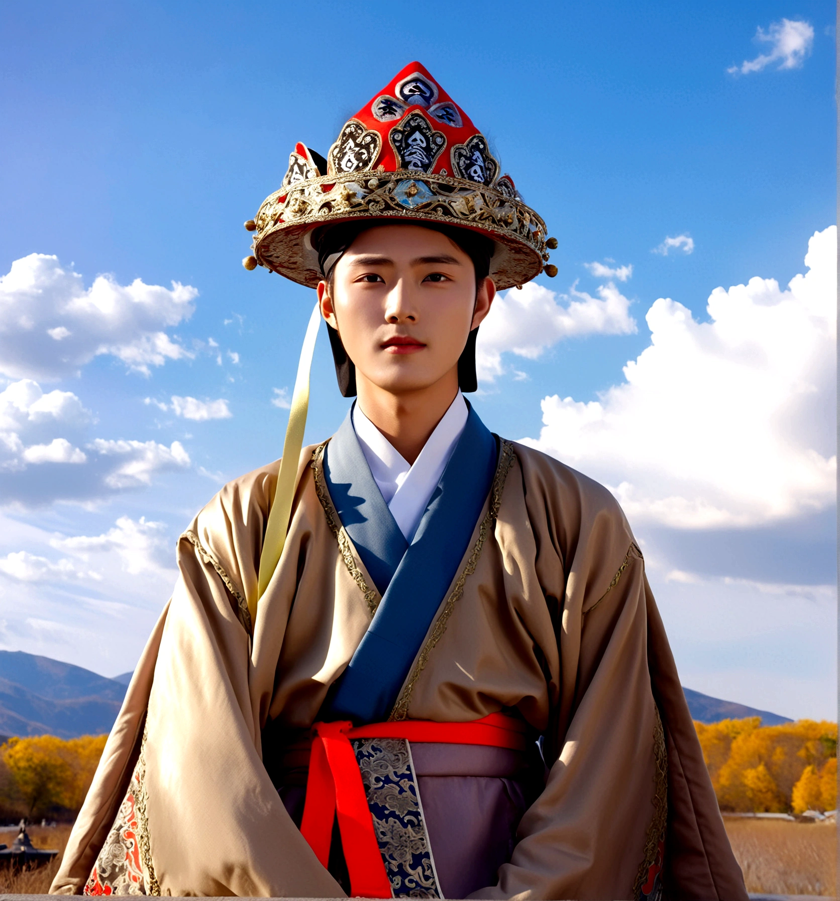 1boy, solo, looking at viewer, long sleeves, hat, closed mouth, upper body, outdoors, sky, day, cloud, blue sky, cloudy sky, crown, robe, korean clothes, traditional clothes, hanbok