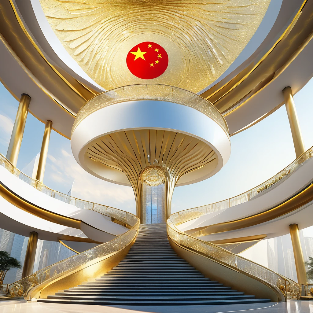 a building, futuristic circular design of 5 floors crescent like a staircase, pure crystal, gold, and diamond, at the top a Chinese flag fluttered