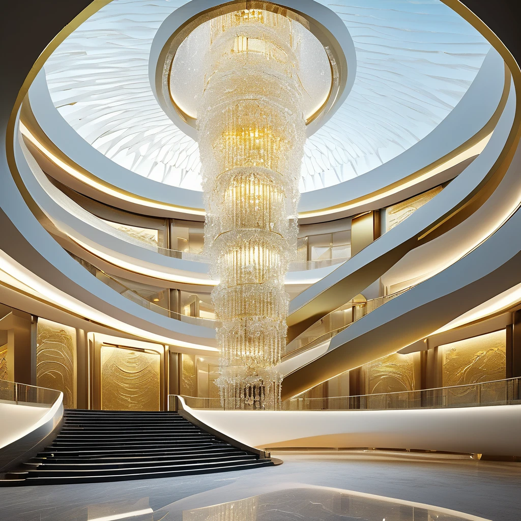 a building, futuristic circular design of 5 floors crescent like a staircase, pure crystal, gold, and diamond, at the top a Chinese flag fluttered