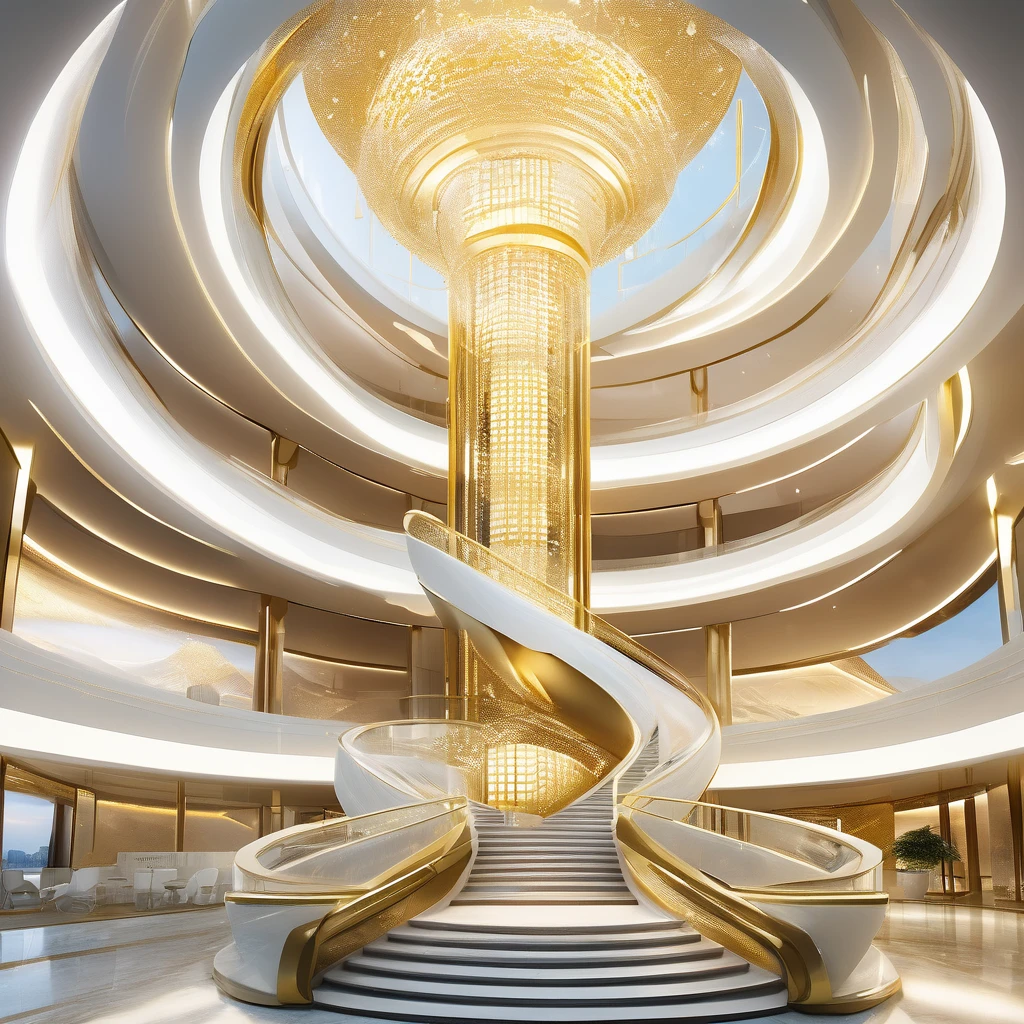 a building, futuristic circular design of 5 floors crescent like a staircase, pure crystal, gold, and diamond, at the top a Chinese flag fluttered