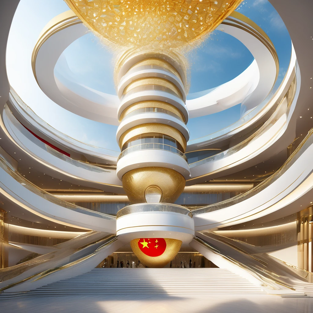 a building, futuristic circular design of 5 floors crescent like a staircase, pure crystal, gold, and diamond, at the top a Chinese flag fluttered