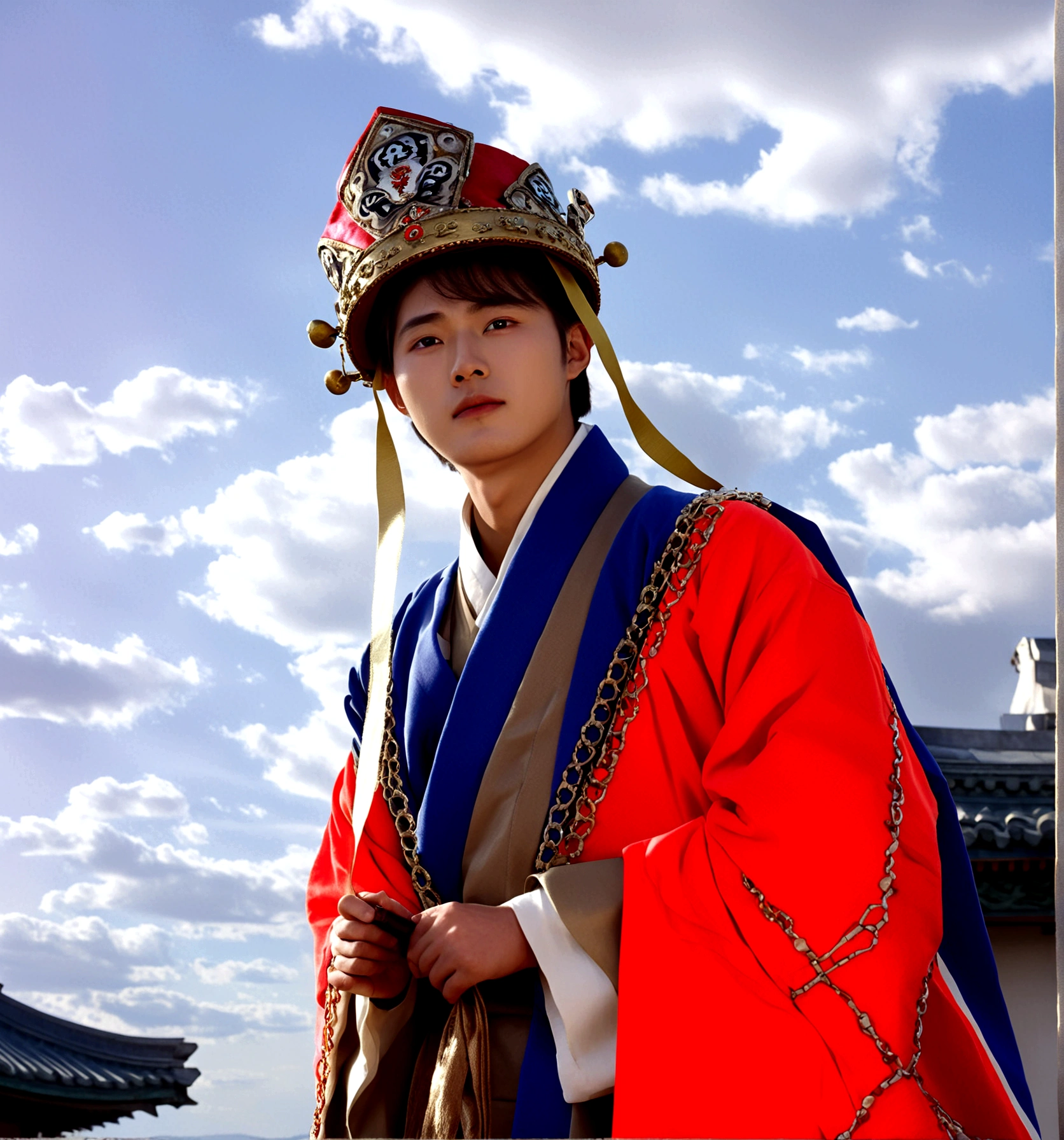 1boy, solo, looking at viewer, long sleeves, hat, closed mouth, upper body, outdoors, sky, day, cloud, blue sky, cloudy sky, crown, robe, korean clothes, traditional clothes, hanbok