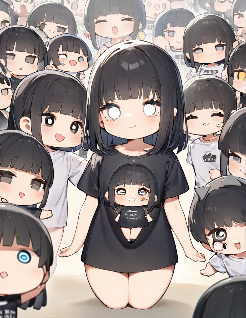 (首を傾げる),(A cute chibi-style girl),(black hair),(expressive eyes),(a small, round body),(The black-haired girl is wearing a T-shirt with a cheerful expression on her face.),(best quality:1.2),(master piece:1.2),(8k),(16k:1.2),(Illustration),(Best Quality:1.2),(Ultra-detailed:1.2),(top-quality:1.2),(masterpiece:1.2)