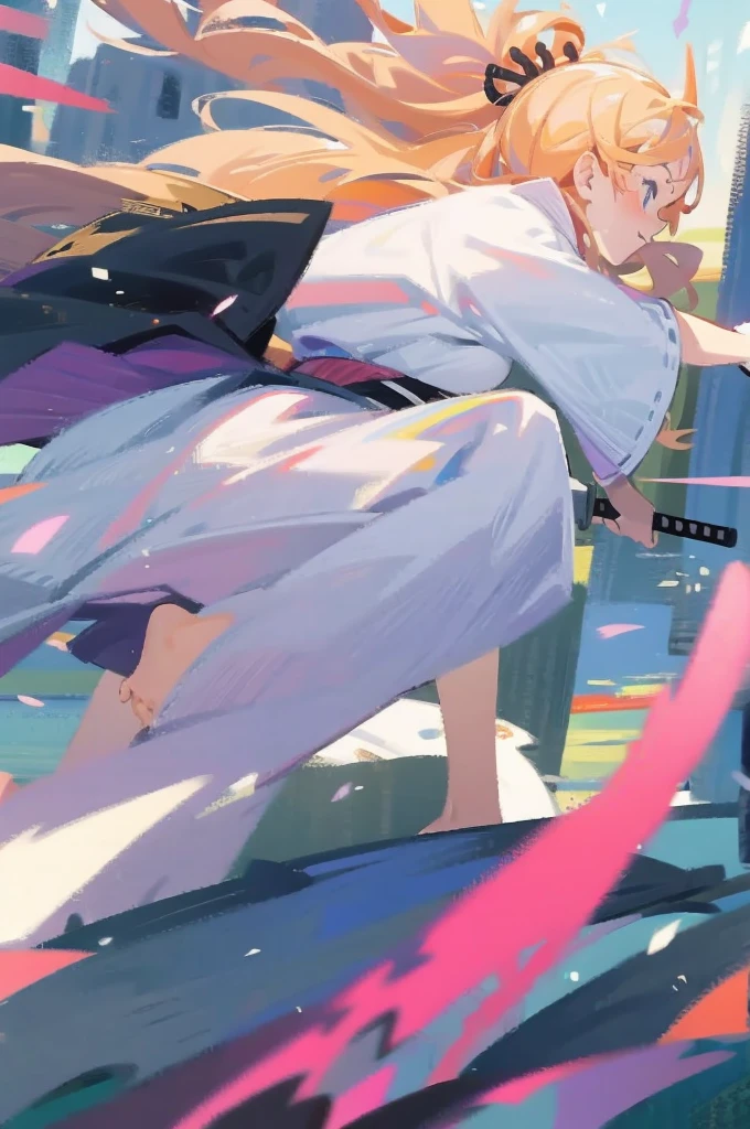 make a waifu finishing an attack with a samurai sword leaning forward and one leg forward as well