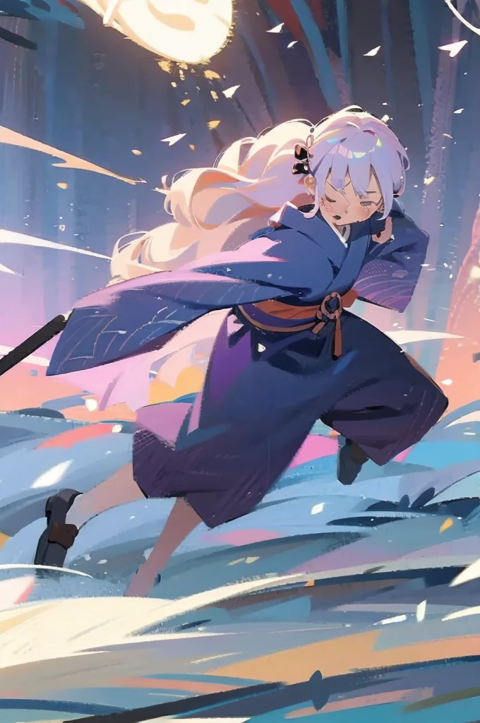 make a waifu finishing an attack with a samurai sword leaning forward and one leg forward as well
