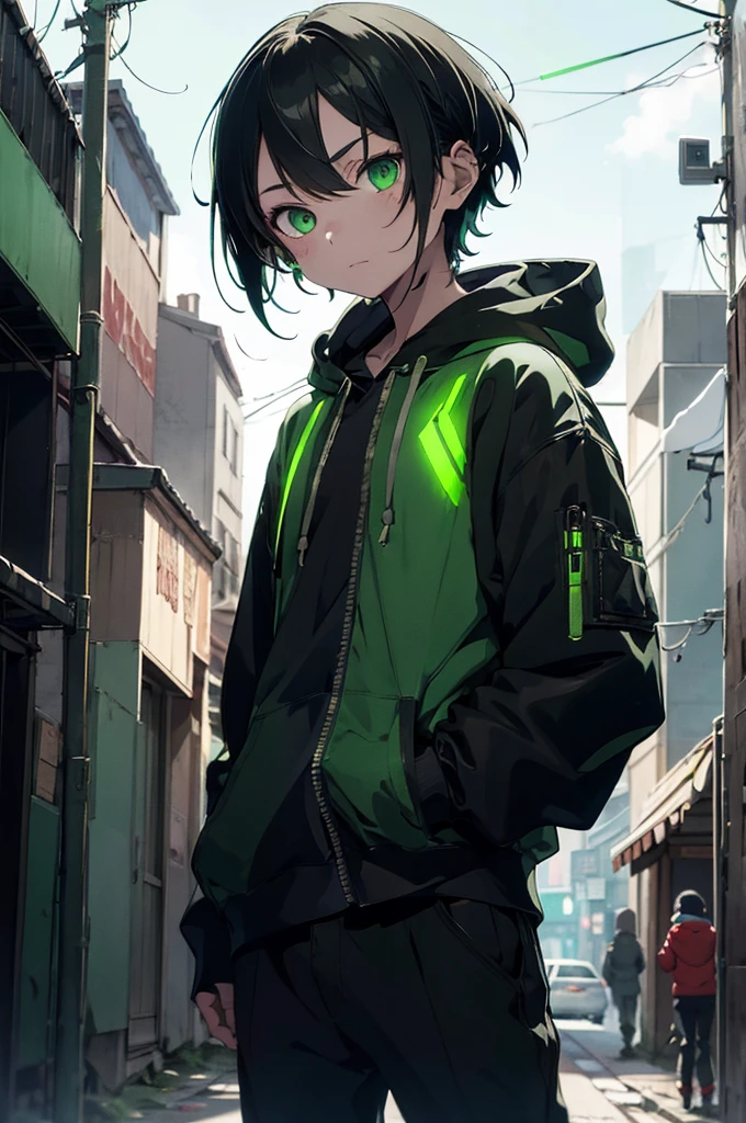 1boy, cyberpunk clothes, green glowing belt, green glowing laces, hood on, holding katana in right hand, short black hair, green eyes, wearing black hoodie, black large trousers, city, high res, ultrasharp, 8K, masterpiece, looking at the viewer, night with moon and stars, in distance,