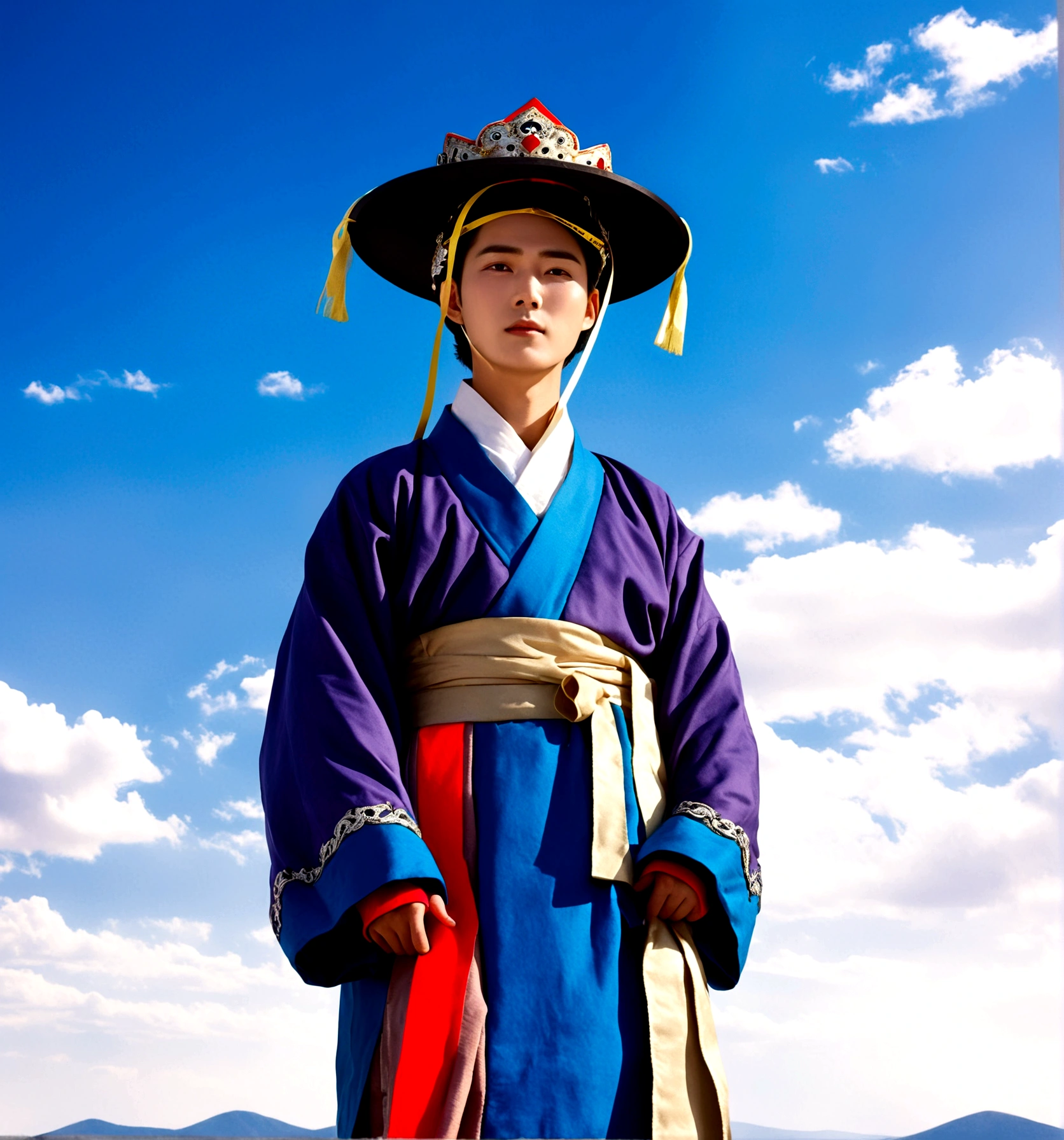 1boy, solo, looking at viewer, long sleeves, hat, closed mouth, upper body, outdoors, sky, day, cloud, blue sky, cloudy sky, crown, robe, korean clothes, traditional clothes, hanbok