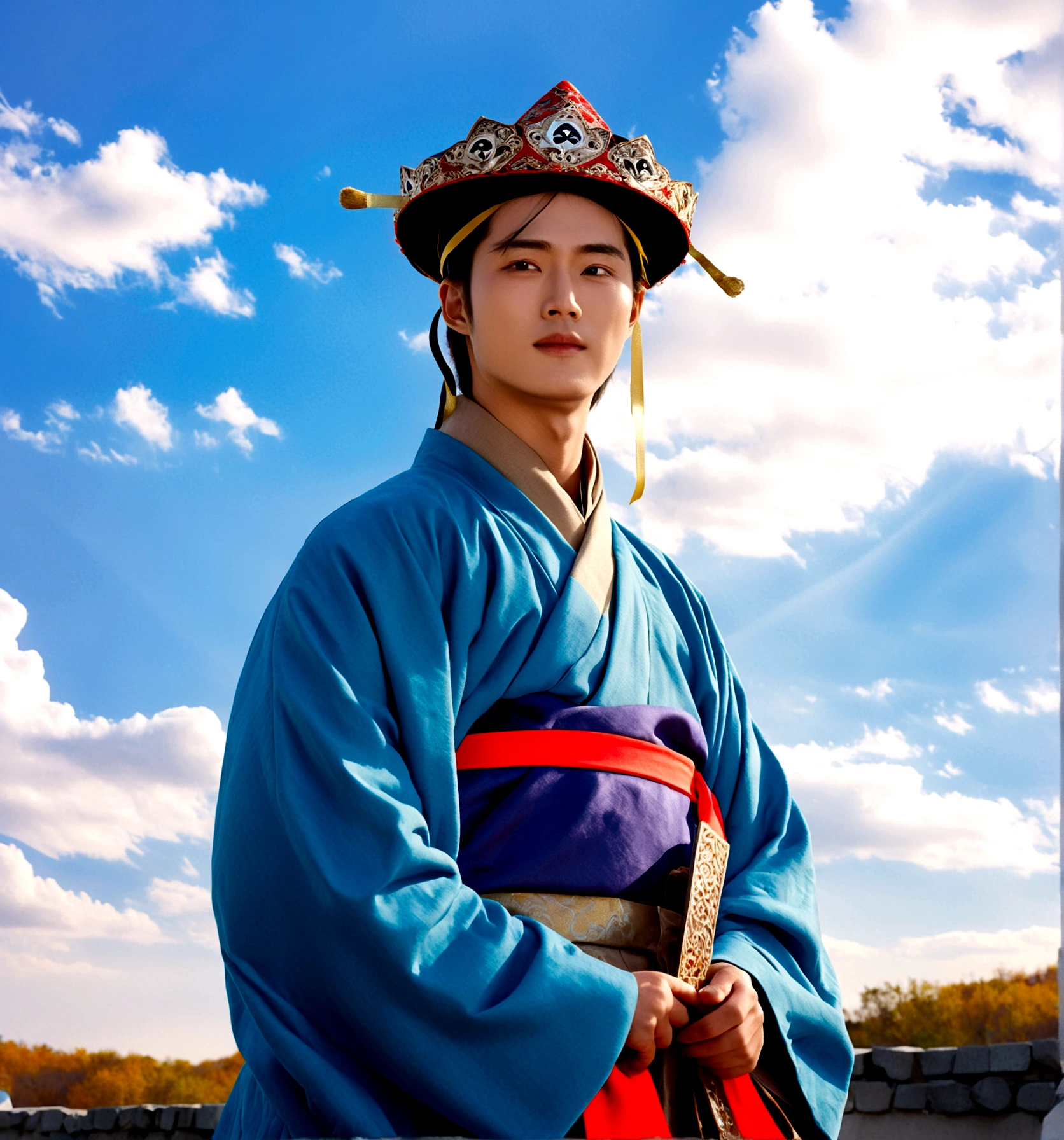 1boy, solo, looking at viewer, long sleeves, hat, closed mouth, upper body, outdoors, sky, day, cloud, blue sky, cloudy sky, crown, robe, korean clothes, traditional clothes, hanbok