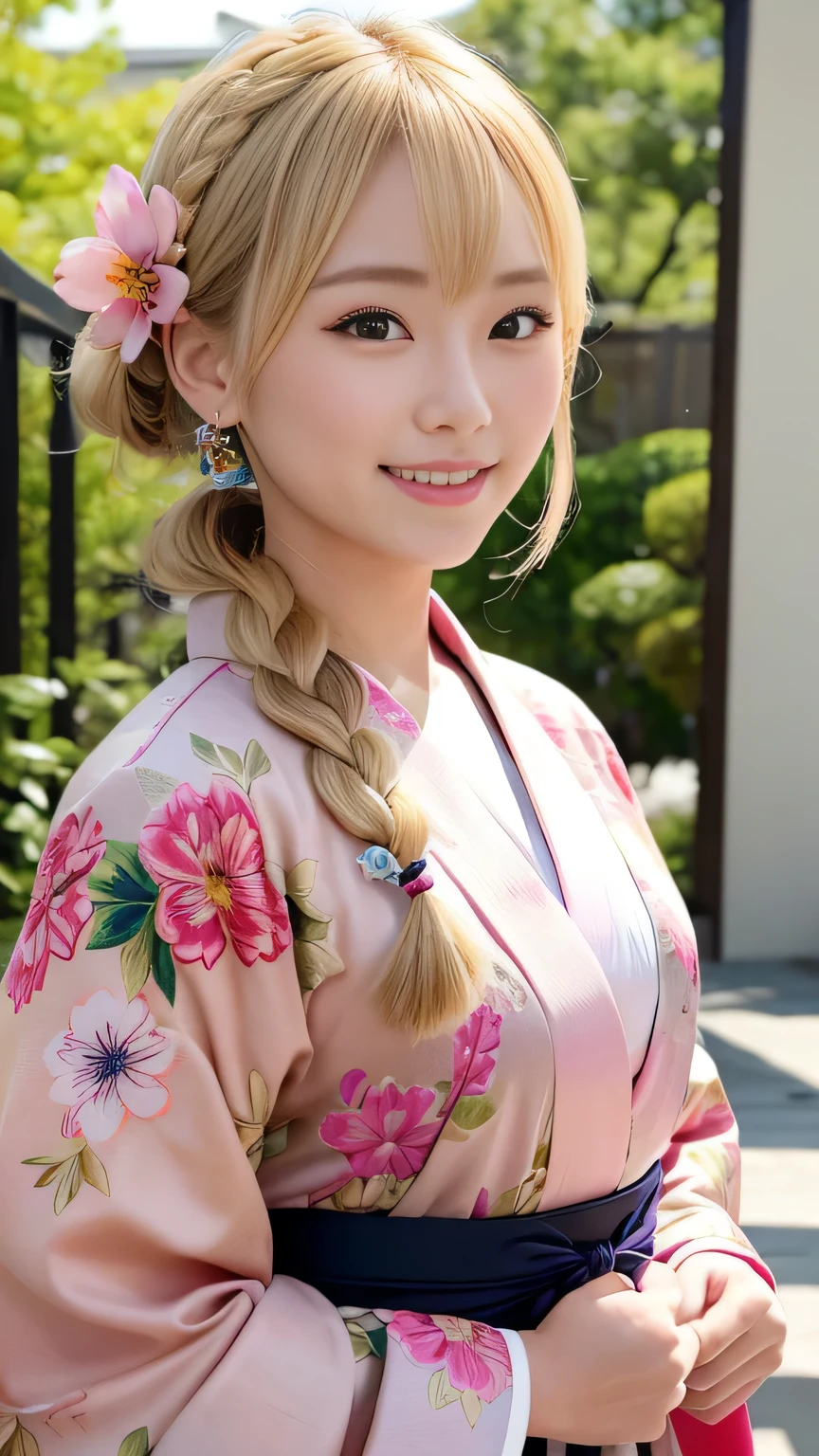 Blonde kimono beauty、Gorgeous floral patterned kimono、My cute girlfriend is a kimono model..、Brown eyes、Beautiful smile、He is short、Braiding、hair ornaments、Colorful and showy kimono、