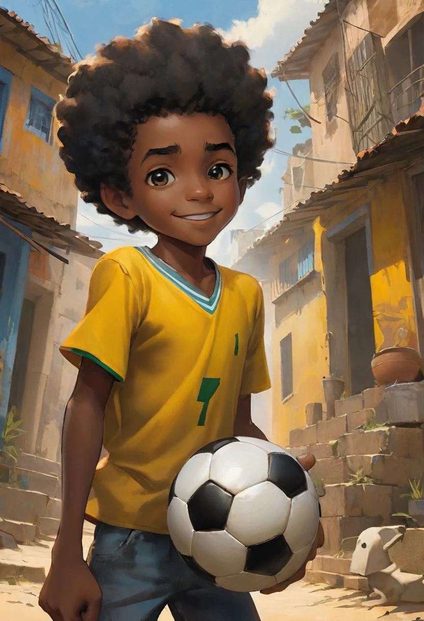 A poor Afro-Brazilian boy in a favela of Porto Alegre Rio Grande do Sul Brazil drawn by Todd McFarlane and Greg Capullo, he is wearing old and torn clothes, his shirt is yellow, he is kicking a soccer ball and playing with his little dog, a favela in the background, Robert Downey Jr Reference.., engine unreal, octane rendering, por Jacob Lawrence e Francis picabia, perfect composition, beautiful detailed intricate insanely detailed octane rendering trending on artstation, 8k art photography, photorrealistic concept art, soft natural volumetric cinematic perfect light, Bright dark, rewarded photography, artwork, oil on canvas, rafael, caravaggio, Greg Rutkowski, beetle, Beksinski, giger, beautiful perfect face with perfect face, a smile on the face with two large central incisors, the detail, highy detailed, photo realist