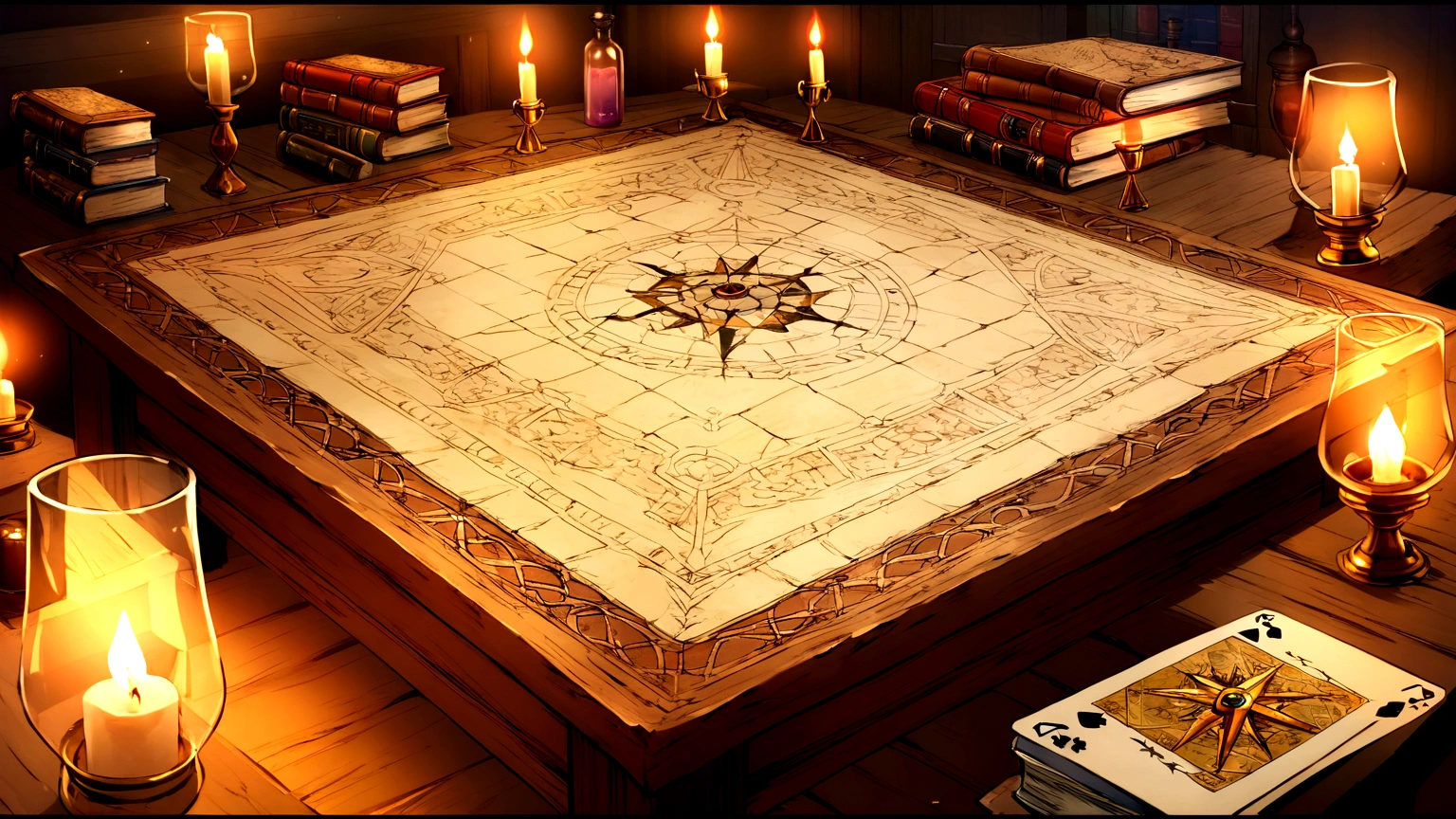 Create a background image for the table of a deck builder style card game. The table should be made of aged wood with a rustic, medieval texture. Add decorative elements like lit candles, small bottles of colorful potions, rolled up parchment, and old books with ornate covers. Also include some sparkling crystals, magic stones, an old map or compass, and a small dagger inscribed with runes. The lighting should be soft and warm, as in a tavern or magical library, with a faint mystical glow in some parts of the table. Keep the central area of the table relatively clean so that cards can be placed and moved easily, while the edges can have medieval or magical, anime-style carvings or ornaments, with an HD resolution of 1280x720.