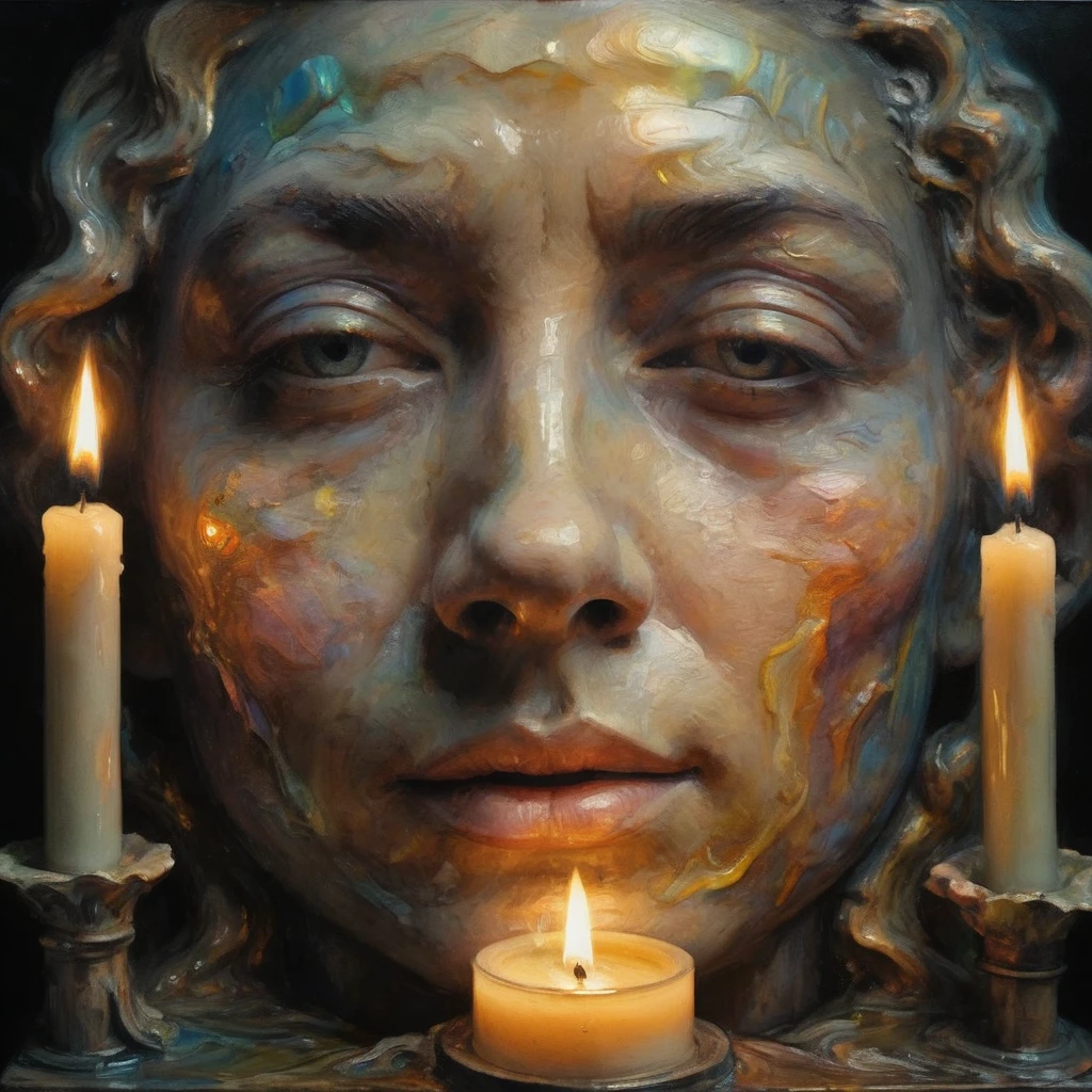 double exposure, fascinating detailed soft painting of a human face, melting sculpture sculpture of a beautiful sunset, made entirely of transitional elements with iridescent liquid in them, with tubes coming out of them, on a dark field with candles, muted colours, neoclassical, baroque, brutal architecture, in the style of Rembrandt, show full face ralistic