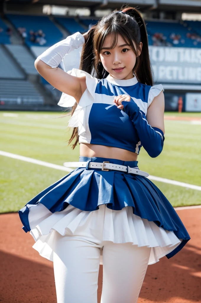 (Beautiful Japanese girl in her early teens), (White pants), (Photographed from below), Cheerleader's legs spread, Hidden nipples, 1 girl, solo, cheerleader, perfect hands, open mouth, sad expression, long hair, blush, black hair, ponytail, belt, belly button, crop top, blue skirt, pleated skirt, removable sleeves, elbow gloves, looking at viewer, outdoor, stadium