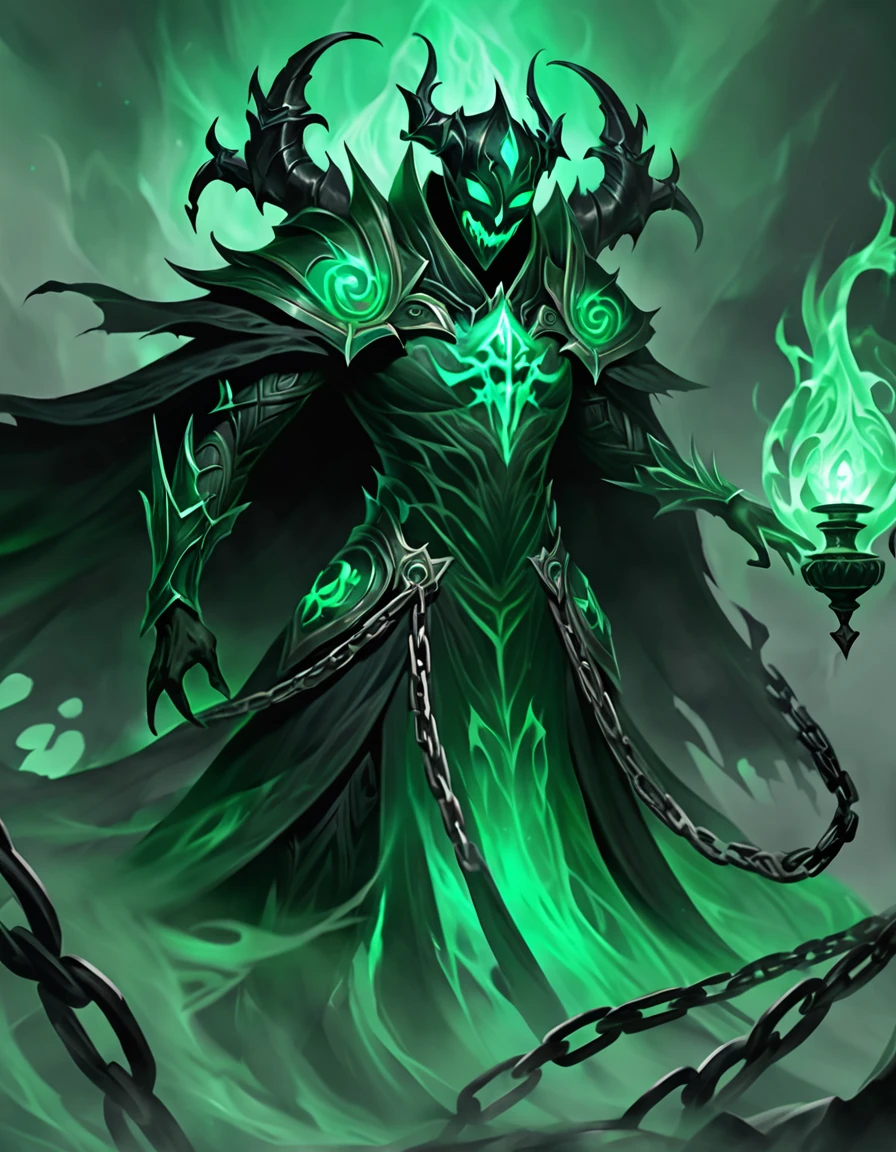 Thresh northeast man a shadow spirit in League of Legends, its translucent, spectral appearance is enveloped in a green aura. He wears a dark cloak and torn tunic, adorned with heavy chains, and carries a lantern that captures souls. Your face is an empty mask with a macabre smile, highlighting their sinister presence and graceful movements across the battlefield.