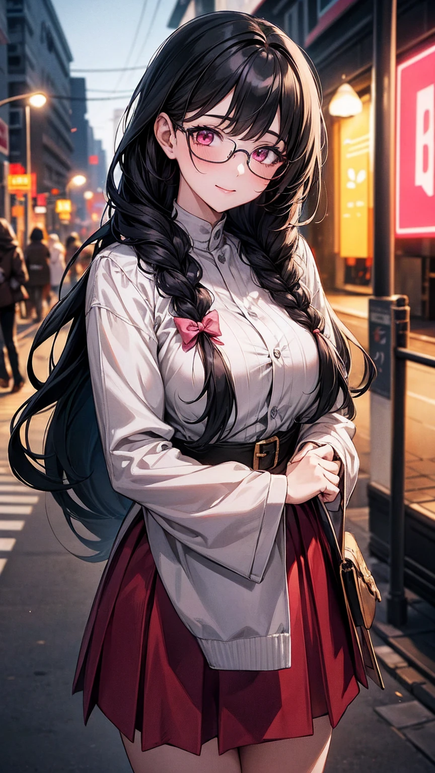 (best quality, Masterpiece), 1 girl, The sun shines, In the building, black hair, Beautiful long hair, braid, pink eyes, glasses, cute, Bright face, Good mood, big breasts, Beautiful fashion outfit, shy, 1 woman, young girl, (Goosebumps:0.7), Beautiful face, (shyไลเนอร์, lipstick:0.9), nighttime, street lights, fall, 4K, 8K, UHD, HDR, detailed background, background