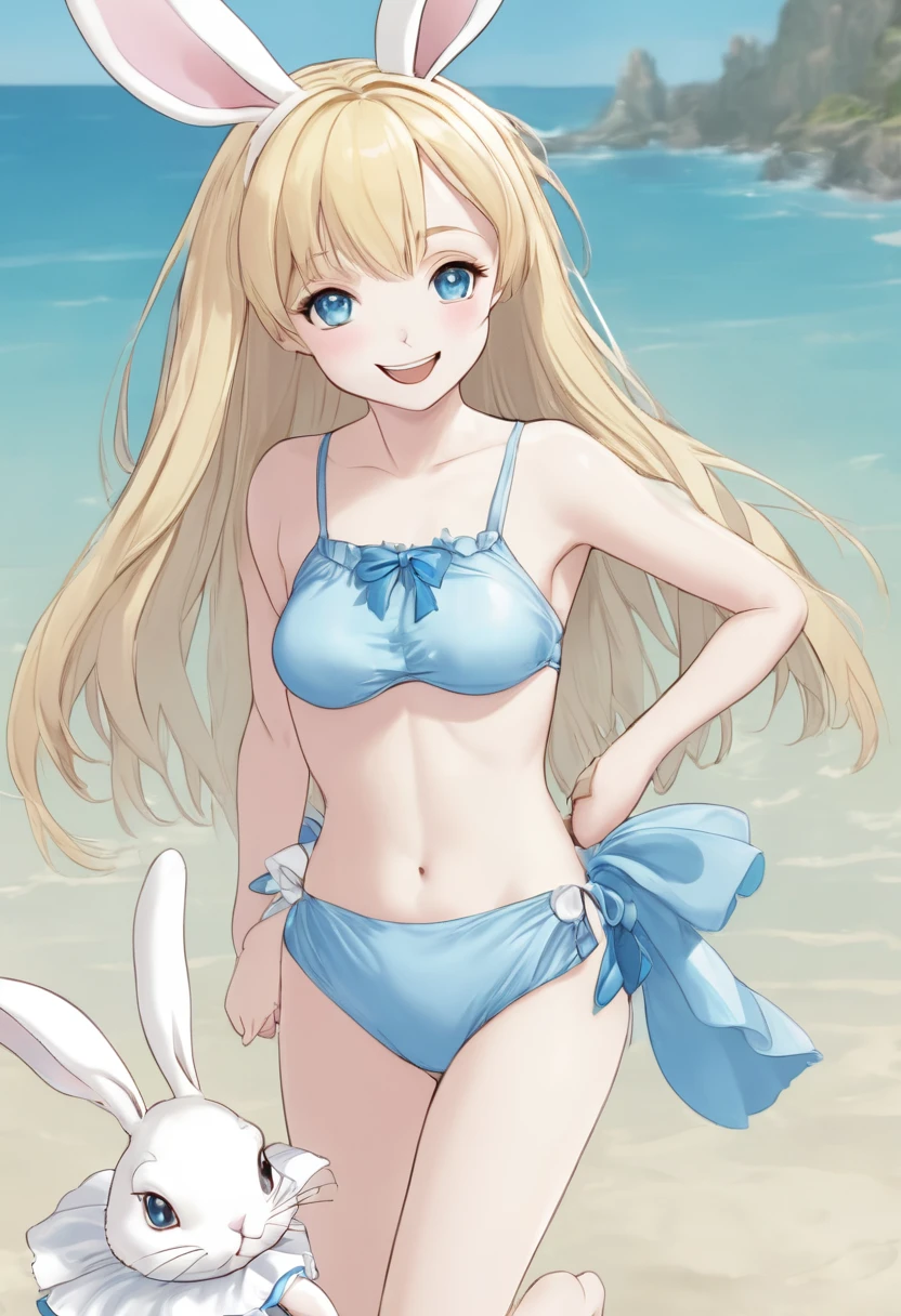 absurdres, highres,
BREAK lilia
girl wearing in swimsuits with white rabbit, in beach, summer, blond hair, smile, Alice in Wonderland, Alice-designed White and light blue swimsuits, head bow, sarong, fluttering ruffle