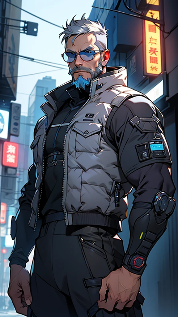 Grey and blue mesh short hair、Glasses、male、Tactical Vest、whole body、cyber punk、View here、front、beard