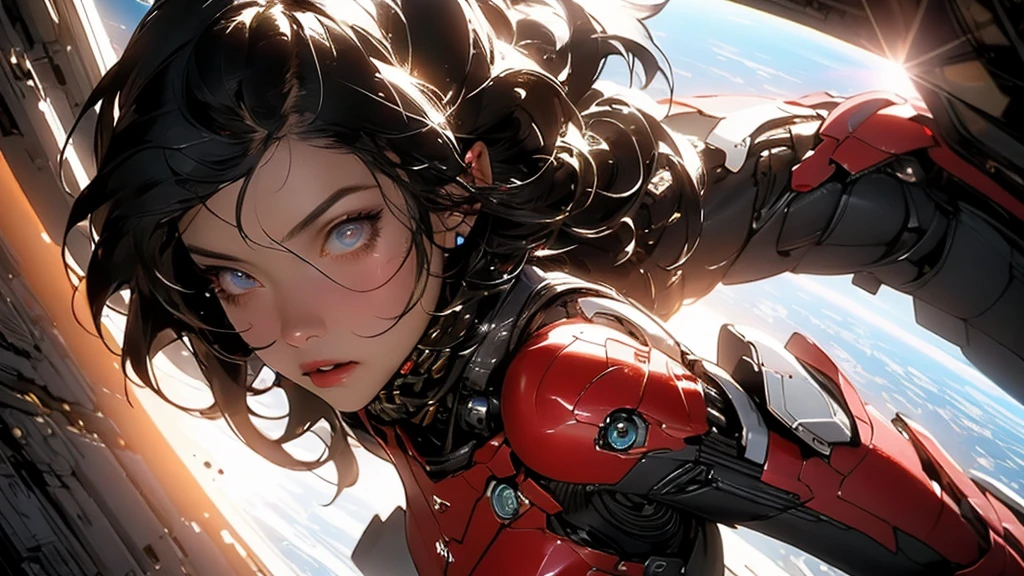 lower, Highly detailed color photo in RAW format, beautiful young, short black hair, dynamic poses, (wide hips), (detailed skin), (Detailed lips), (detailed eyes), (space: 1.4), (necropolis: 1.1), (sci-fi landscape ) (detailed face), (curved), red clothes, detailed eyes, Chromatic aberration, depth of field, soft lighting, First job, better quality, difficult, (lens flare: 0,7), (bloom: 0,7), particle effects, ray tracing, Displaying tones , very detailed, conceptual art, courteous, sharp focus, dramatic lighting, very detailed art, movie, pintura hiper-realist, trending on artstation, 8 k, incredible shadows, realist, (plano de fundo very detailed: 1.2), midway art