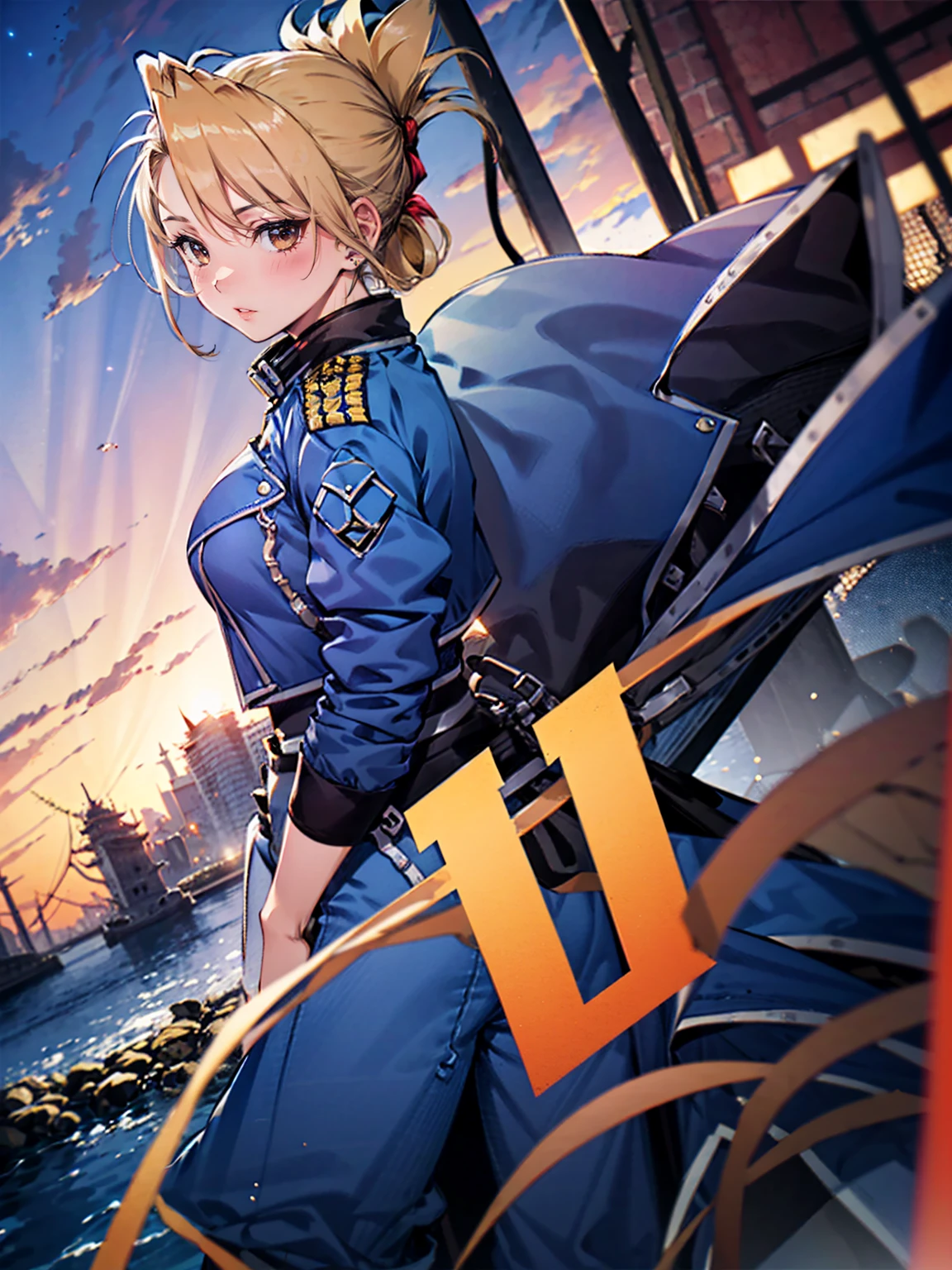 masterpiece, Highest quality, High resolution, One girl, (Blue jacketの下にBlack innerwearを着ている), Folded ponytail, Brown eyes, , (uniform, Blue jacket, Blue pants), ,Big Breasts, Black innerwear, (