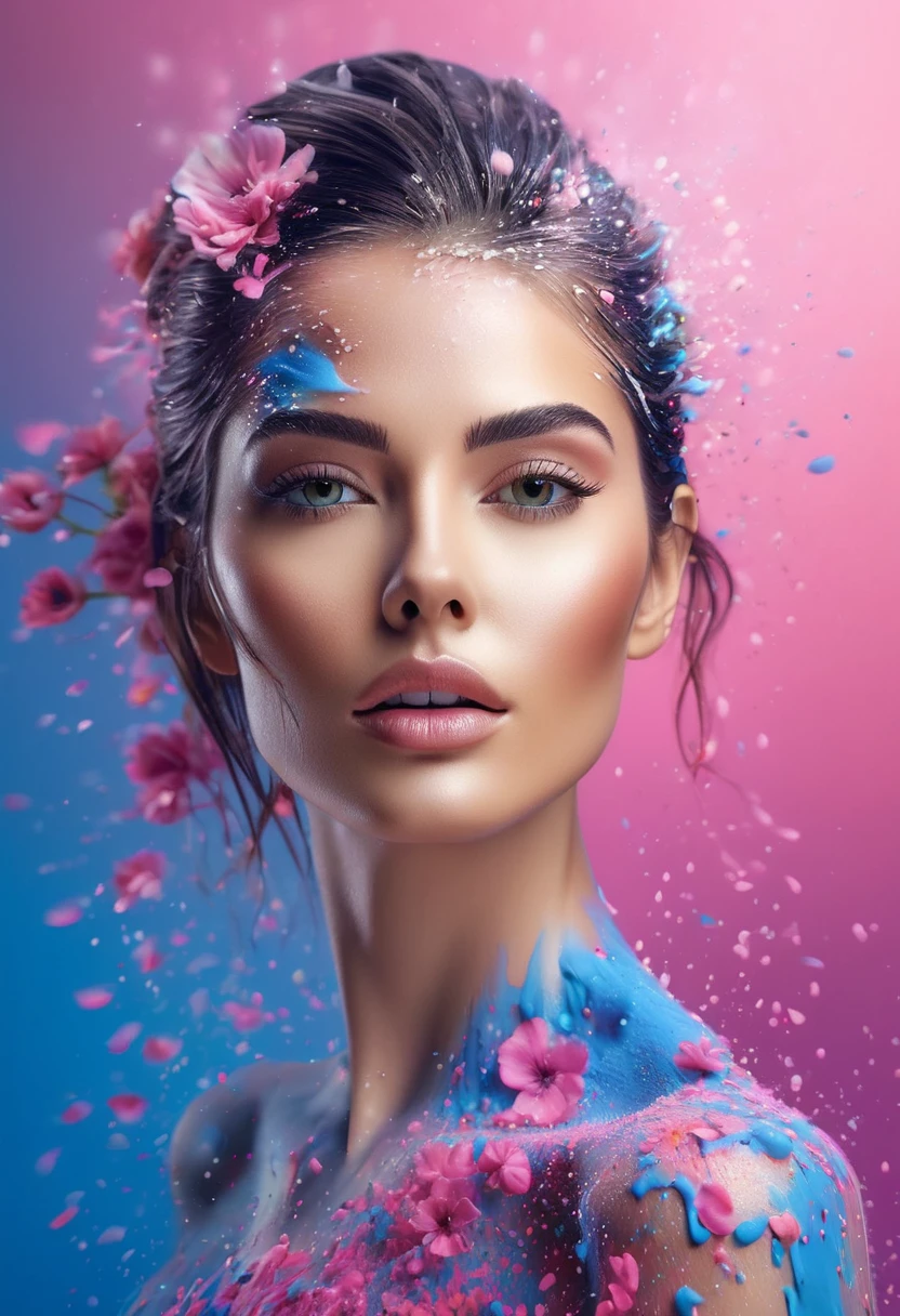 Photorealistic image of a woman, abstract background, blue and pink gradient, made of flowers, paint spilling , ultra clear