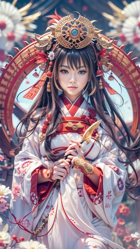(32k:1.5, Highest quality, masterpiece, Ultra-high resolution), Perfect dynamic composition, Professional camera work:1.6, Enchantingな肖像画:1.3, Cinematic Light, Very detailedな肌と顔の質感:1.3, Very accurate, Very detailed, (Ride the Red Dragon:1.3, Holding a walking stick), (mysteriousな:1.2, Great background:1.2, tradition:1.2, Belligerent:1.2, Majestic:1.2), Adult female, Graceful Goddess, Incredibly slim body, Fair skin, (smile:0.9, Totally captivates you:1.0), (Fractal Art:1.0, Japanese Shrine Maiden Costume:1.3), Ample breasts, Sensual sitting position:0.6, Calm pose, (Beautiful Blue Eyes, Beautiful erotic eyes:0.8, Feel the beautiful eroticism:0.9), (romantic, dramatic, mysterious), Object of admiration, Artistic, Innovative, Enchanting, sense of openness, sense of cleanliness, Heartful, Fancy, exciting, Extreme, ((Adult charm, Feminine charm, Hair blowing in the wind))