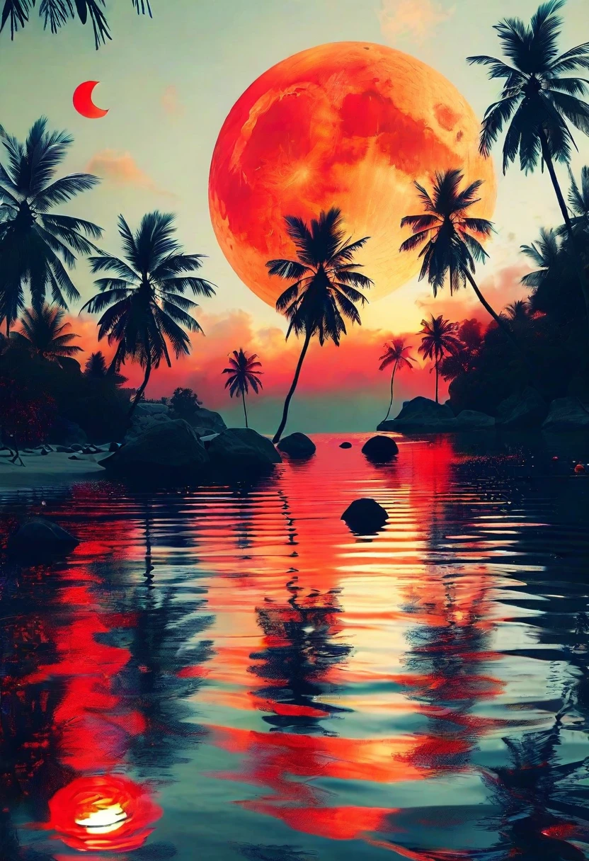 a sunset on a tropical beach with palm trees, a picture, by derek zabrocki, tumblr, romanticism, huge red moon, red and black colors, mobile wallpaper, beautiful ambience, reflection of the moon, gorgeous sunlight and shadows, red and white colors, red on black, beautiful graphics, red lake --ar 3:5