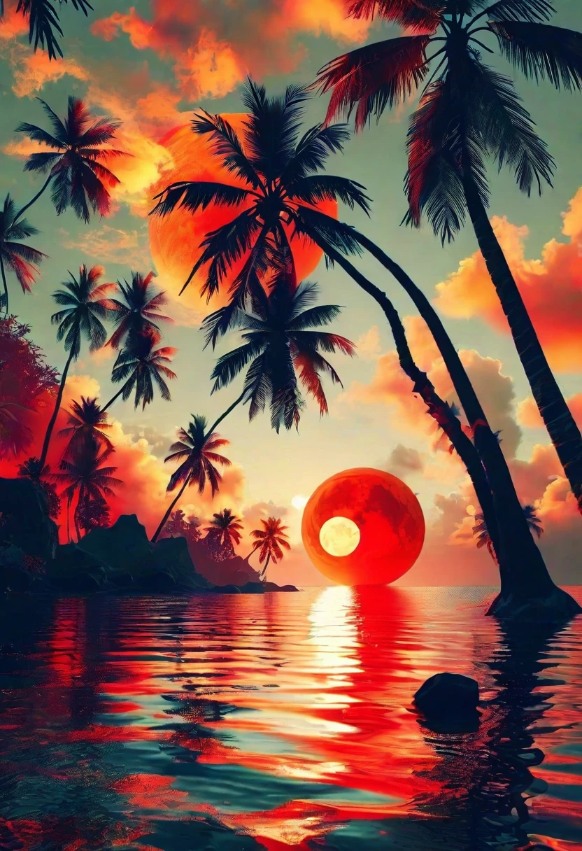 a sunset on a tropical beach with palm trees, a picture, by derek zabrocki, tumblr, romanticism, huge red moon, red and black colors, mobile wallpaper, beautiful ambience, reflection of the moon, gorgeous sunlight and shadows, red and white colors, red on black, beautiful graphics, red lake --ar 3:5