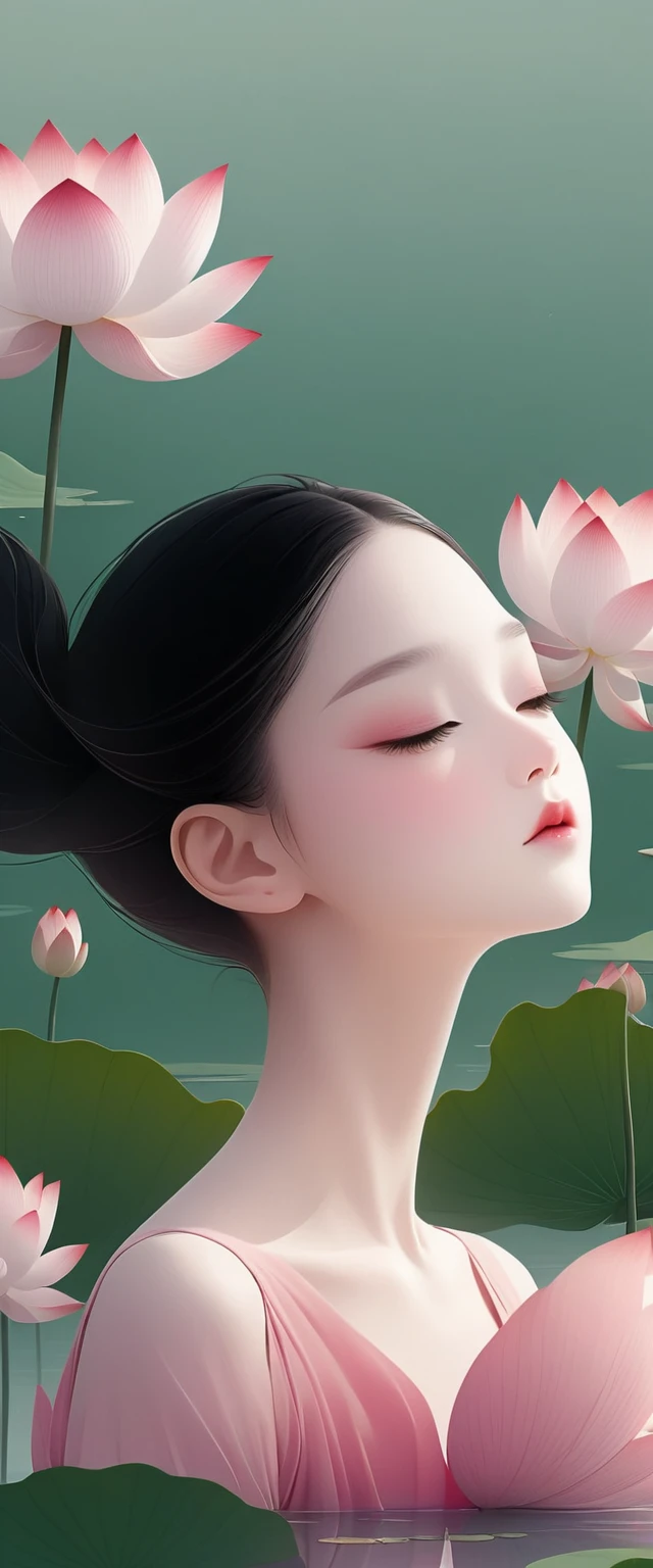 vector，Flat form，illustration，The Minimalists，数字艺术illustration，Pink hue，Abstract，artistic conception，Blooming，A  girl，dancer；Pink clothing；Pretty Face，Black Hair，Hairpin；Lotus pond，Diving sensation，Lots of white space above。