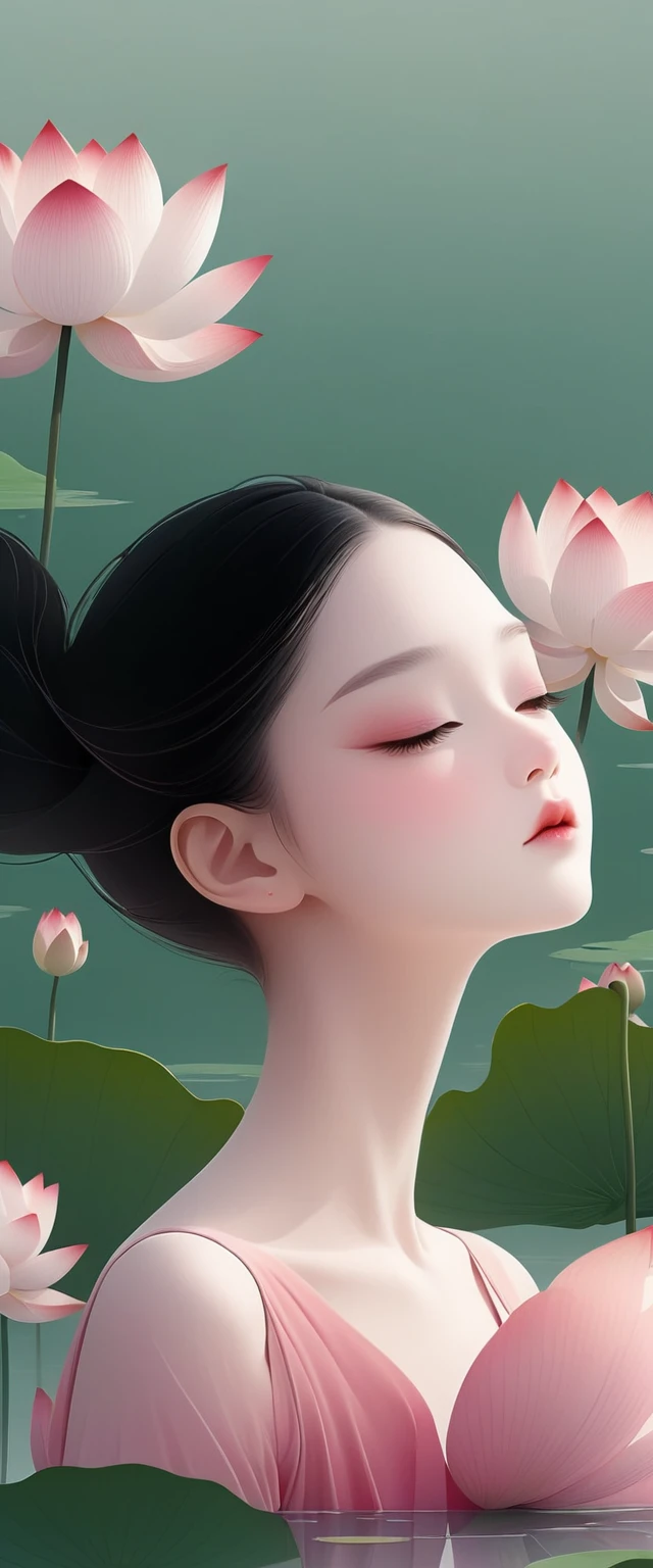 vector，Flat form，illustration，The Minimalists，数字艺术illustration，Pink hue，Abstract，artistic conception，Blooming，A little girl，dancer；Pink clothing；Pretty Face，Black Hair，Hairpin；Lotus pond，Diving sensation，Lots of white space above。