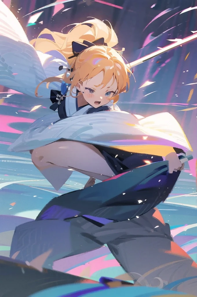 make a waifu finishing an attack with a samurai sword leaning forward and one leg forward as well