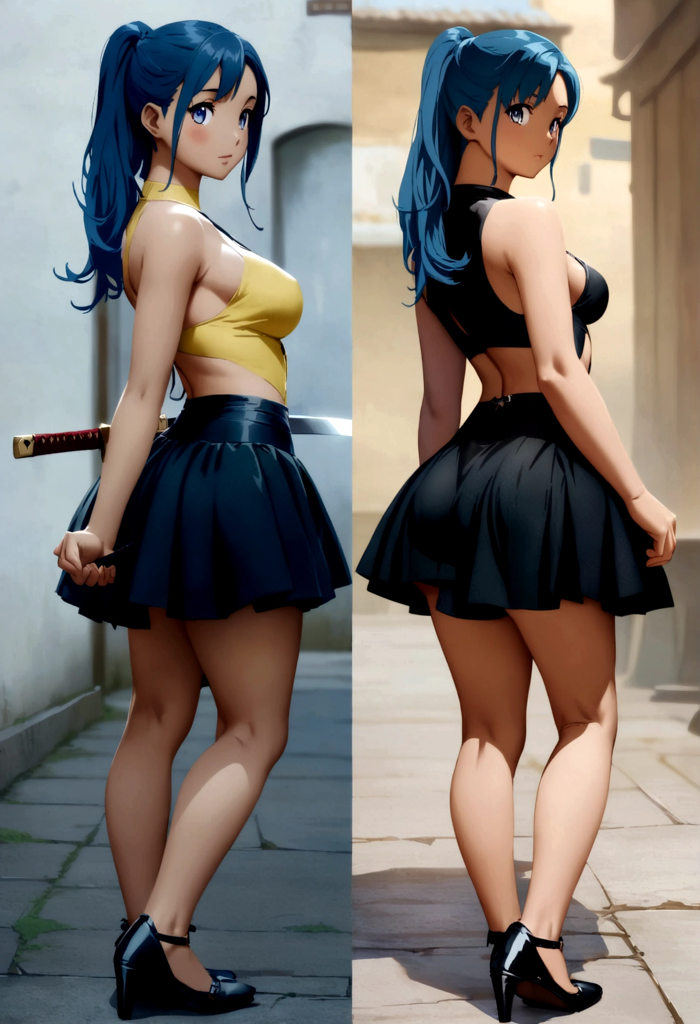 Anime concept art, front back and side view, high detail, beautiful, sexy, exposed legs, medium breasts, blue hair, black shoes, sword fighter, elegant, kawaii eyes, yellow dress, micro skirt, micro underwear, bubble butt