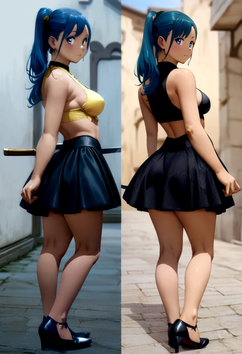 Anime concept art, front back and side view, high detail, beautiful, sexy, exposed legs, medium breasts, blue hair, black shoes, sword fighter, elegant, kawaii eyes, yellow dress, micro skirt, micro underwear, bubble butt
