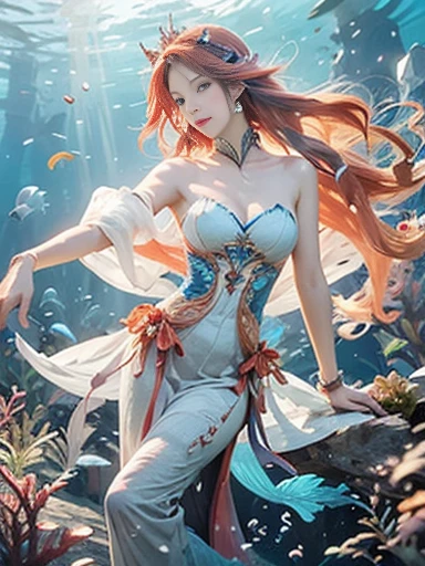 (best quality,ultra-detailed,photorealistic),blue water,sparkling scales, flowy hair, underwater world, colorful coral reefs, ethereal lighting, dreamy atmosphere, fantasy theme, mystical creatures, magical powers, enchanting melodies, mesmerizing beauty, graceful movements, captivating expressions, surreal landscape, peaceful serenity, magical mermaid tails, elegant tiaras, long flowing dresses.