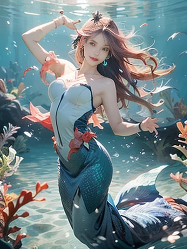 (best quality,ultra-detailed,photorealistic),blue water,sparkling scales, flowy hair, underwater world, colorful coral reefs, ethereal lighting, dreamy atmosphere, fantasy theme, mystical creatures, magical powers, enchanting melodies, mesmerizing beauty, graceful movements, captivating expressions, surreal landscape, peaceful serenity, magical mermaid tails, elegant tiaras, long flowing dresses.