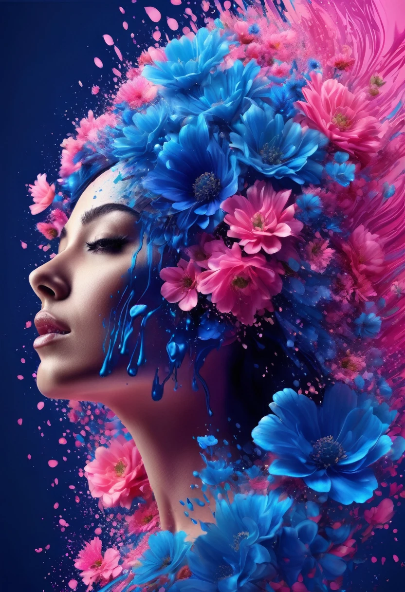 (Masterpiece), (Best Quality), ((A woman with intricately colored hair made up of flowers)), (Long hair), (magic environment with sparkles), Cinematic lighting, (High Contrast), (Ultra Detailed), Beautiful flowers, A realistic sculpture of wires Alberto Seveso, (fantasy art style), behance hd, 32k, ultra sharp, ((shiny ultra black background))