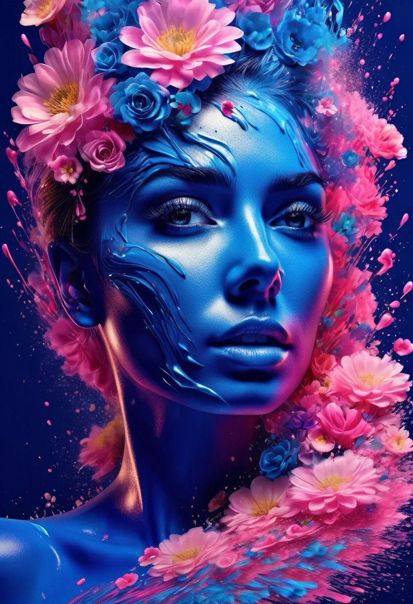 Photorealistic image of a woman, abstract background, blue and pink gradient, made of flowers, paint spilling , ultra clear