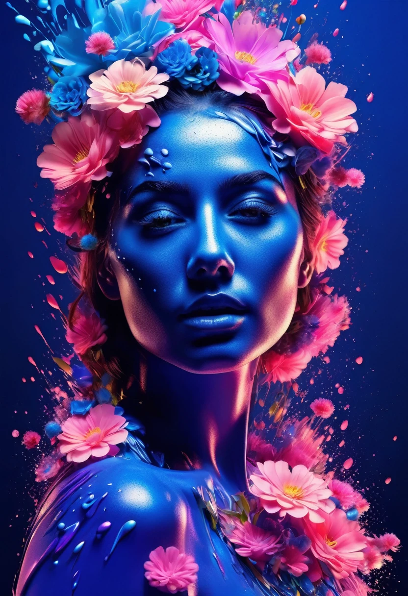 Photorealistic image of a woman, abstract background, blue and pink gradient,  made of flowers, paint spilling , ultra clear