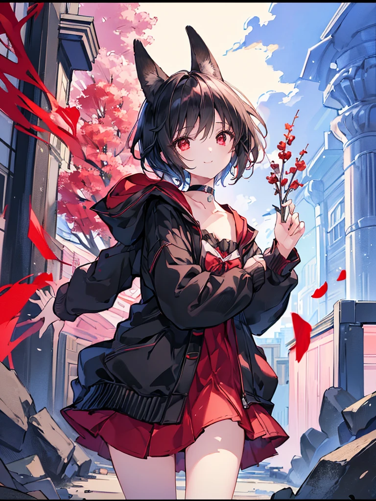 (masterpiece, highest quality, highest quality, (No text), Beautiful and aesthetic:1.2),No text,アニメ、BREAK,One Girl,Black Hair Girl short hair older sister choker Tree Eyes Beautiful eyes Red eyes cool smile Red and Black Black jacket mini skirt whole body In town