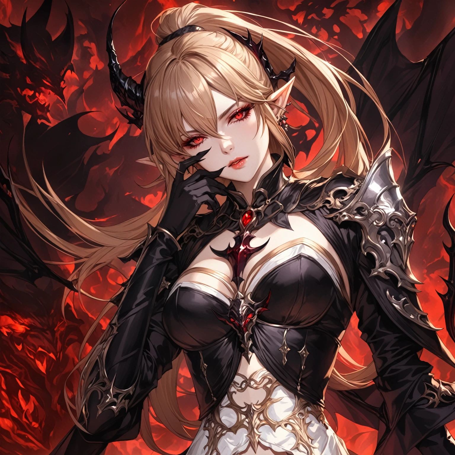 masterpiece, best quality, good quality, Fantasy aesthetics, Highly detailed, shadowverse style, demonic, female, pointy ear, closed mouth