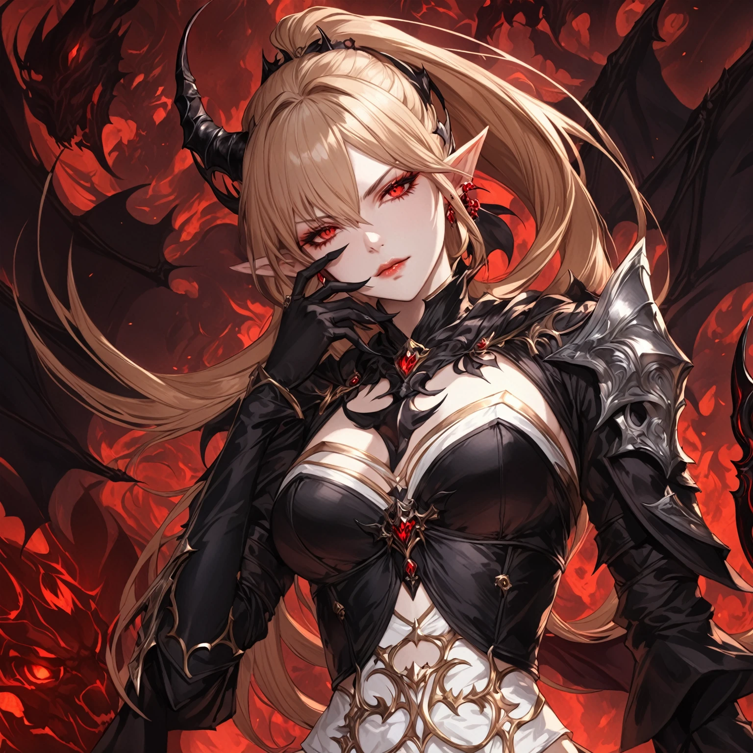 masterpiece, best quality, good quality, Fantasy aesthetics, Highly detailed, shadowverse style, demonic, female, pointy ear, closed mouth