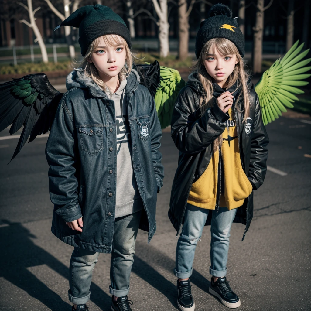 just an animal Green bird with black coat of American student, blue jeans, shoes black, wings, blush on cheek, lightning blue eyes, blue beanie, yellow neck and gray beak and messy hair