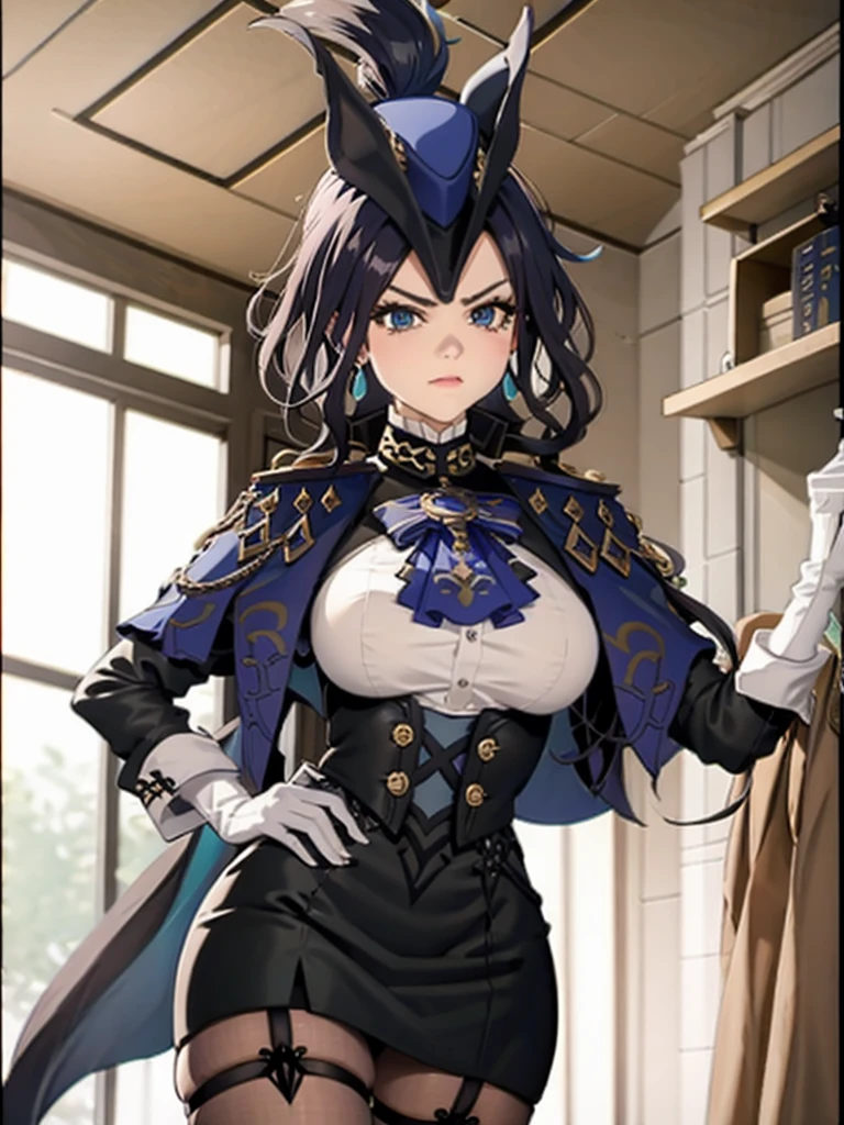 8K resolution、Raw photo、1girl in, Klonde \(GenshinImpact\), tricorn, pantyhose, earrings, blue cape, White Gloves, pencil skirts, White shirt, Thigh strap, Underbust, ascot, Jacket, depth of fields, Standing, Cowboy Shot, Glaring, put hands on the hip, Looking at Viewer, chies, Indoors