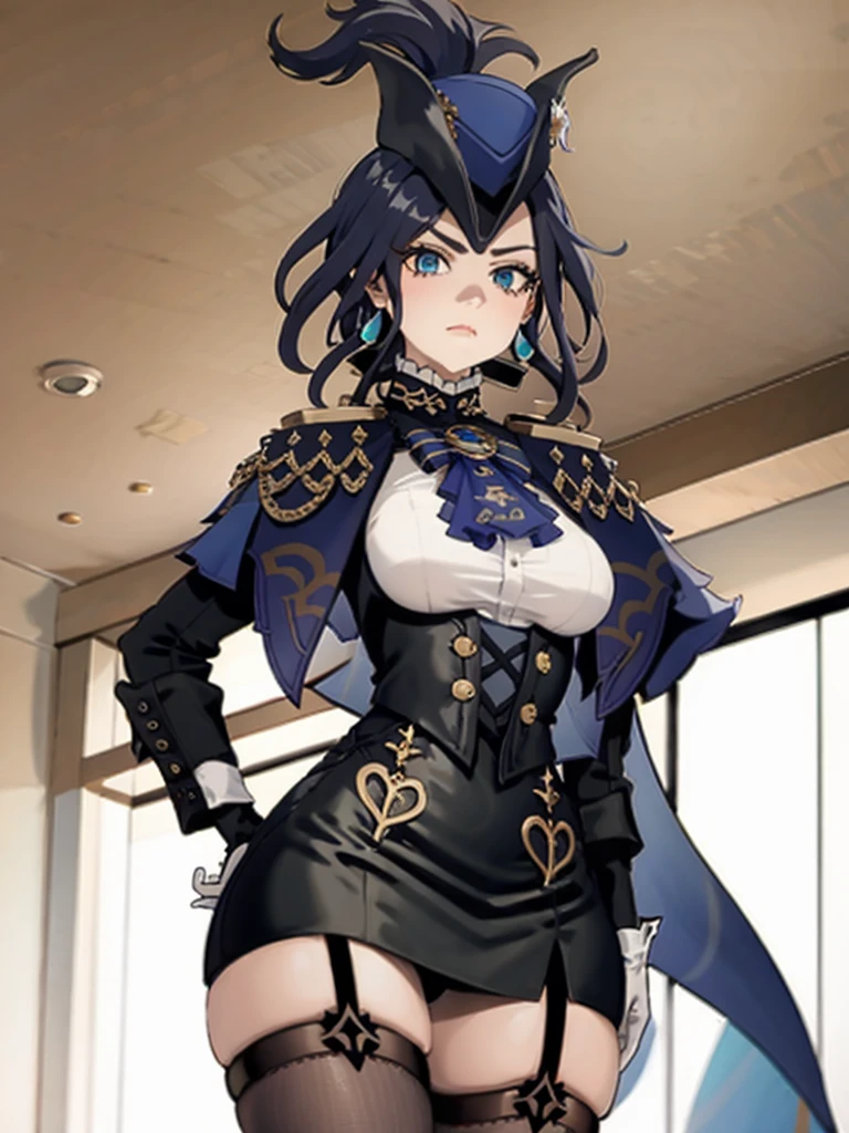8K resolution、Raw photo、1girl in, Klonde \(GenshinImpact\), tricorn, pantyhose, earrings, blue cape, White Gloves, pencil skirts, White shirt, Thigh strap, Underbust, ascot, Jacket, depth of fields, Standing, Cowboy Shot, Glaring, put hands on the hip, Looking at Viewer, chies, Indoors