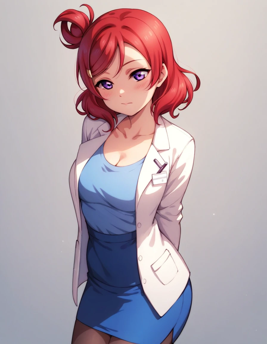 Maki nishikino,solo,love live,highres,red hair , purple eyes,blush ,(cleavage:0.7) ,collarbone ,doctor ,infirmary ,lab coat , pencil skirt , arms behind back 