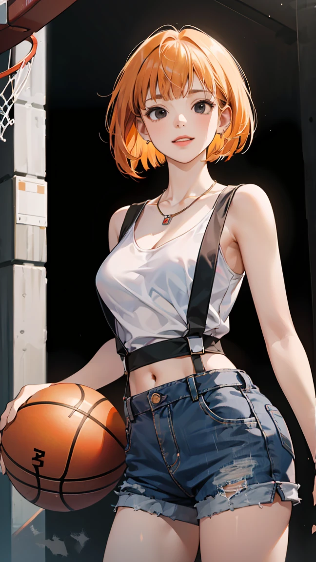 (masterpiece, best quality, (1 Girl:1.5), Solitary, Intricate details, Chromatic Aberration), ((Short Wavy Hair, Bangs, (black eyes:1.5), blunt Bangs, Orange Hair, Bob Cut)), Small earrings, Necklace, (Large Breasts: 1), cleveage, Confident smile, (Black suspender top, Thin material, Denim shorts), The waist is open, (Symmetrical eyes), (Perfectly symmetrical body), (((Natural light))), ((Standing under the basketball hoop)),Raise the basketball with one hand