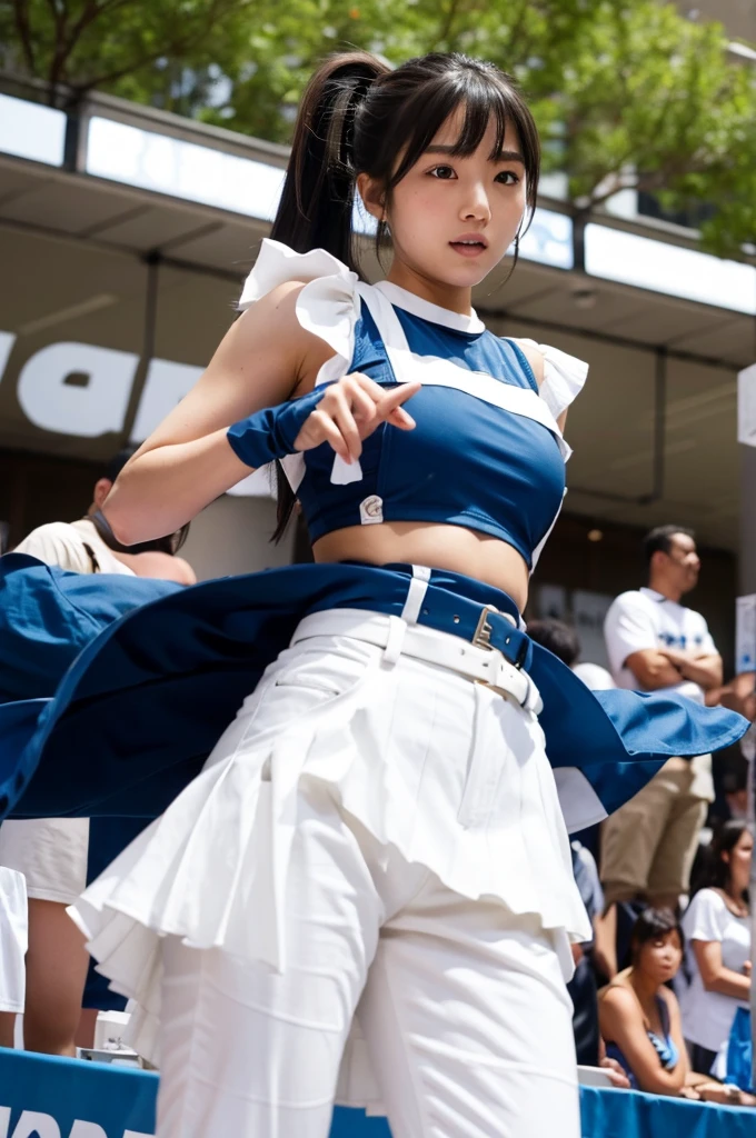 (Beautiful Japanese girl in her early teens), (White pants), (Photographed from below), Cheerleader's legs spread, Hidden nipples, 1 girl, solo, cheerleader, perfect hands, open mouth, sad expression, long hair, blush, black hair, ponytail, belt, belly button, crop top, blue skirt, pleated skirt, removable sleeves, elbow gloves, looking at viewer, outdoor, stadium