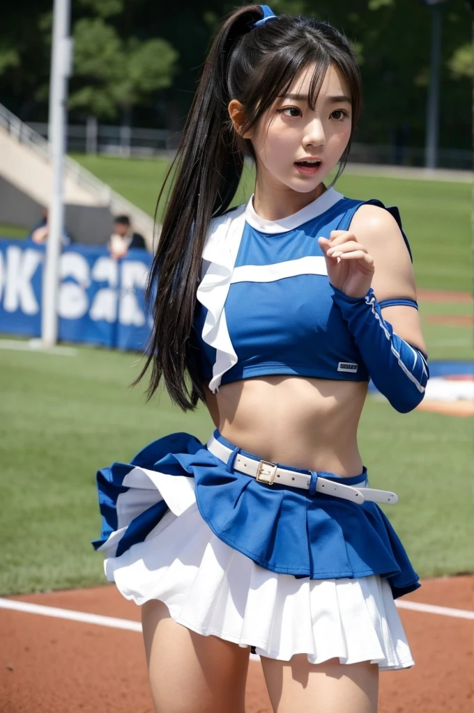 (Beautiful Japanese girl in her ), (White pants), (Photographed from below), Cheerleader's legs spread, Hidden nipples, 1 girl, solo, cheerleader, perfect hands, open mouth, sad expression, long hair, blush, black hair, ponytail, belt, belly button, crop top, blue skirt, pleated skirt, removable sleeves, elbow gloves, looking at viewer, outdoor, stadium