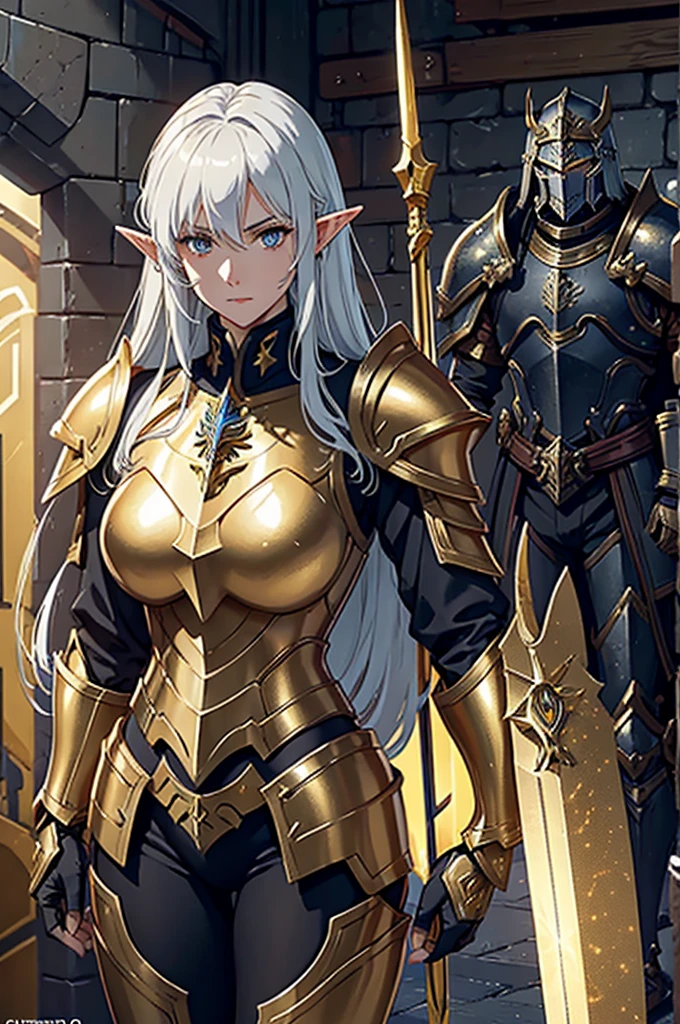 Woman in armor, golden eyes, Silver Hair, pale skin, height 194 cm, standing with glaive, girl in armor, gorgeous female paladin, alluring elf princess knight, from line 2, Dressed in heavy armor, female paladin, picture of female paladin, female paladin в стиле фэнтези, extremely detailed art germ, female knight, of a beautiful female knight, beautiful female knight, Arafed statue of a knight with sword and shield, golden paladin armor, Warhammer Emperium Style, Ares in heavy armor and sword, Adeptus Custodes Centurion, heavy gold armor, Heavy golden armor, golden paladin, Fantasy art of Warhammer, War Hammer, Epic Paladin Armor, warhammer 4 0k fantasy, golden heavy armor. Dramatic