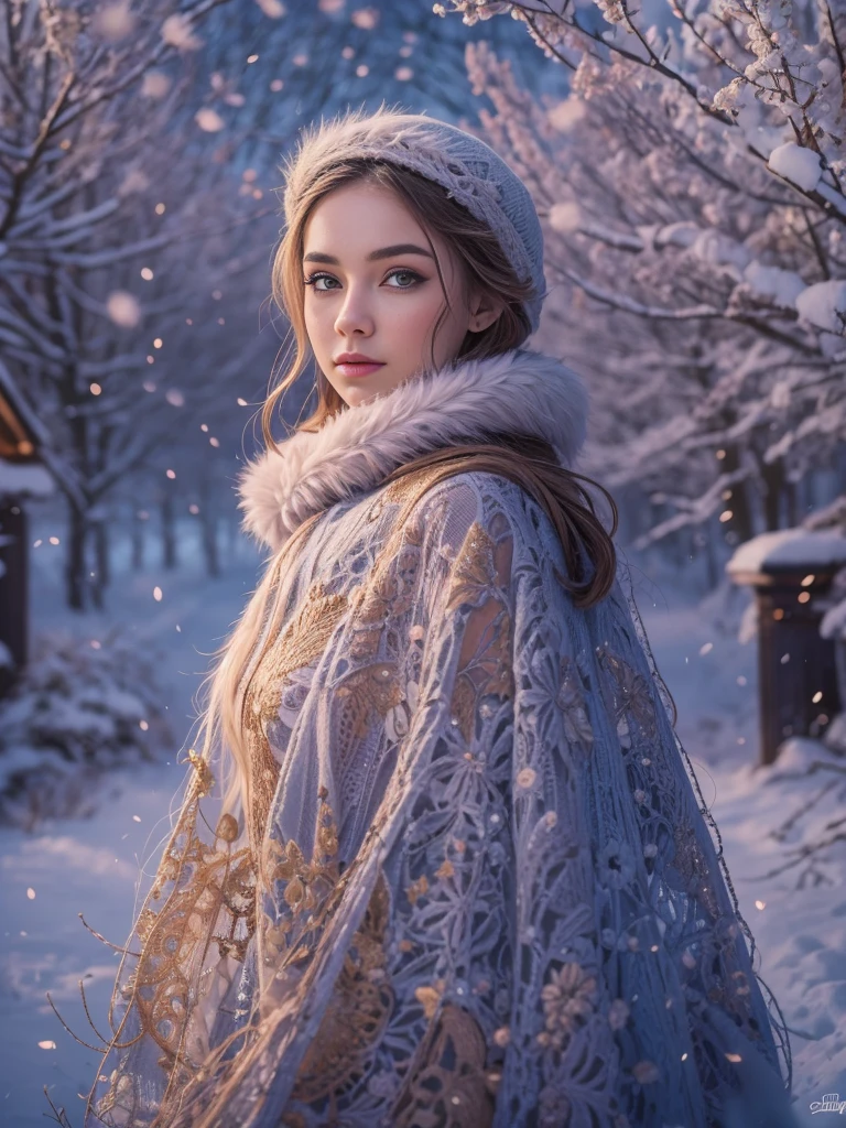 Beautiful European Girl, posing as December&#39;s girlfriend, age 23, with mesmerizing eyes, juicy lips, and a charming smile. She&#39;s surrounded in a frozen garden, winter starry night, Northern lights, Creating a scenic scene. Woman wearing glamorous outfit, which emphasizes its shape and gives the composition a touch of elegance.. The work is done in a realistic style., with exceptional attention to detail, demonstrating the intricate patterns on the girl&#39;s dress and the texture of frozen garden foliage.. Colors are bright and rich, with a warm color palette, creating a cozy winter atmosphere. The lighting is soft and diffused, casting gentle shadows on the girl’s face and emphasizing the beauty of the surroundings. Overall image quality is of the highest standards., with ultra-detailed rendering and sharp focus. It is a masterpiece, conveying the essence of the charm and beauty of December..