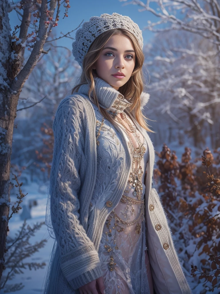 Beautiful European Girl, posing as December&#39;s girlfriend, age 23, with mesmerizing eyes, juicy lips, and a charming smile. She&#39;s surrounded in a frozen garden, winter starry night, Northern lights, Creating a scenic scene. Woman wearing glamorous outfit, which emphasizes its shape and gives the composition a touch of elegance.. The work is done in a realistic style., with exceptional attention to detail, demonstrating the intricate patterns on the girl&#39;s dress and the texture of frozen garden foliage.. Colors are bright and rich, with a warm color palette, creating a cozy winter atmosphere. The lighting is soft and diffused, casting gentle shadows on the girl’s face and emphasizing the beauty of the surroundings. Overall image quality is of the highest standards., with ultra-detailed rendering and sharp focus. It is a masterpiece, conveying the essence of the charm and beauty of December..
